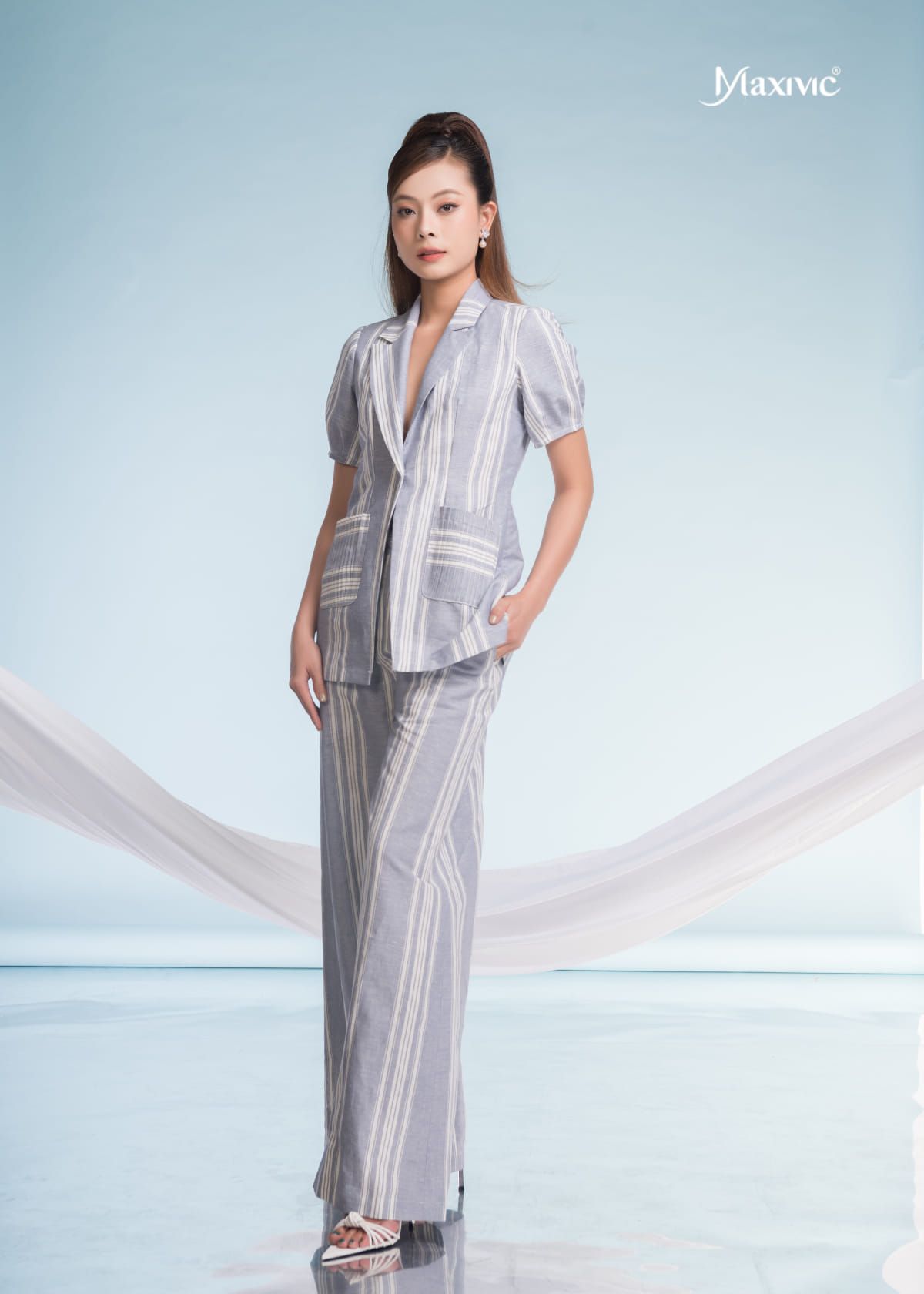  SET VEST LINEN BỐ SỌC XANH MAXIVIC 