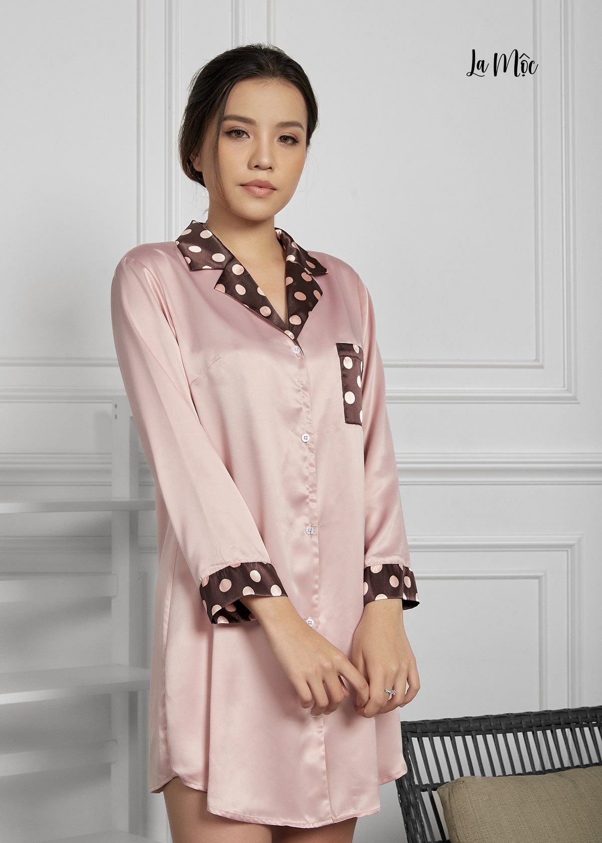  ĐẦM PIJAMA MÀU HỒNG CỔ ĐAN TÔNG, SATIN LỤA KOREA 