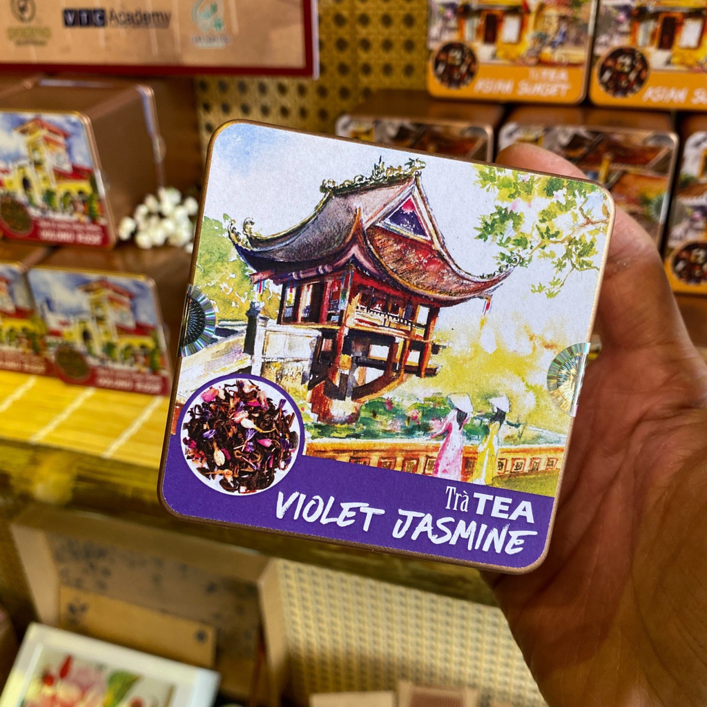 Trà Violet Jasmine - Hộp Thiếc Vuông Màu Nước - 50g