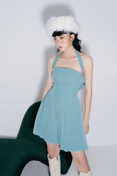 Đầm yếm dáng xoè xếp ly họa tiết trơn - LADY DRESS