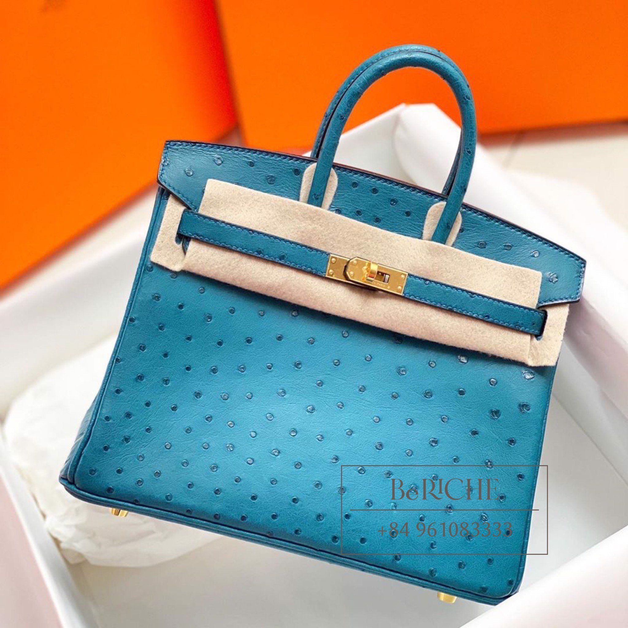 Birkin B25 Ostrich Blue GHW
