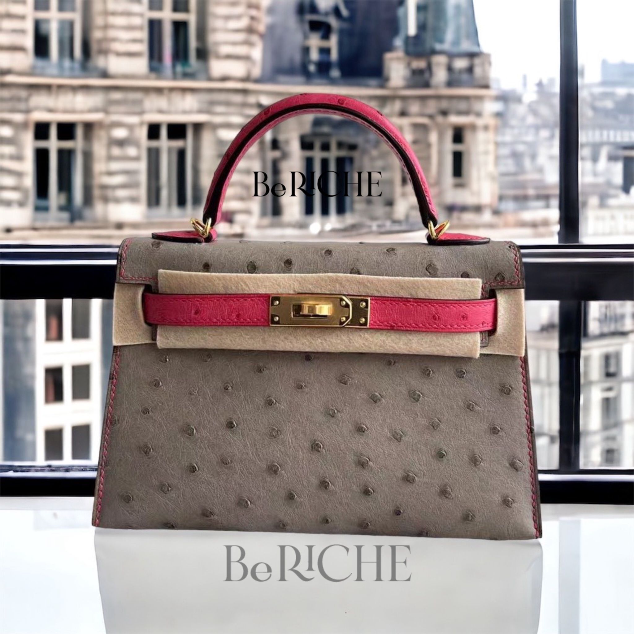 Kelly Mini Hss K20 Ostrich Bicolor (Gris Asphalt/Rose Tyrien)