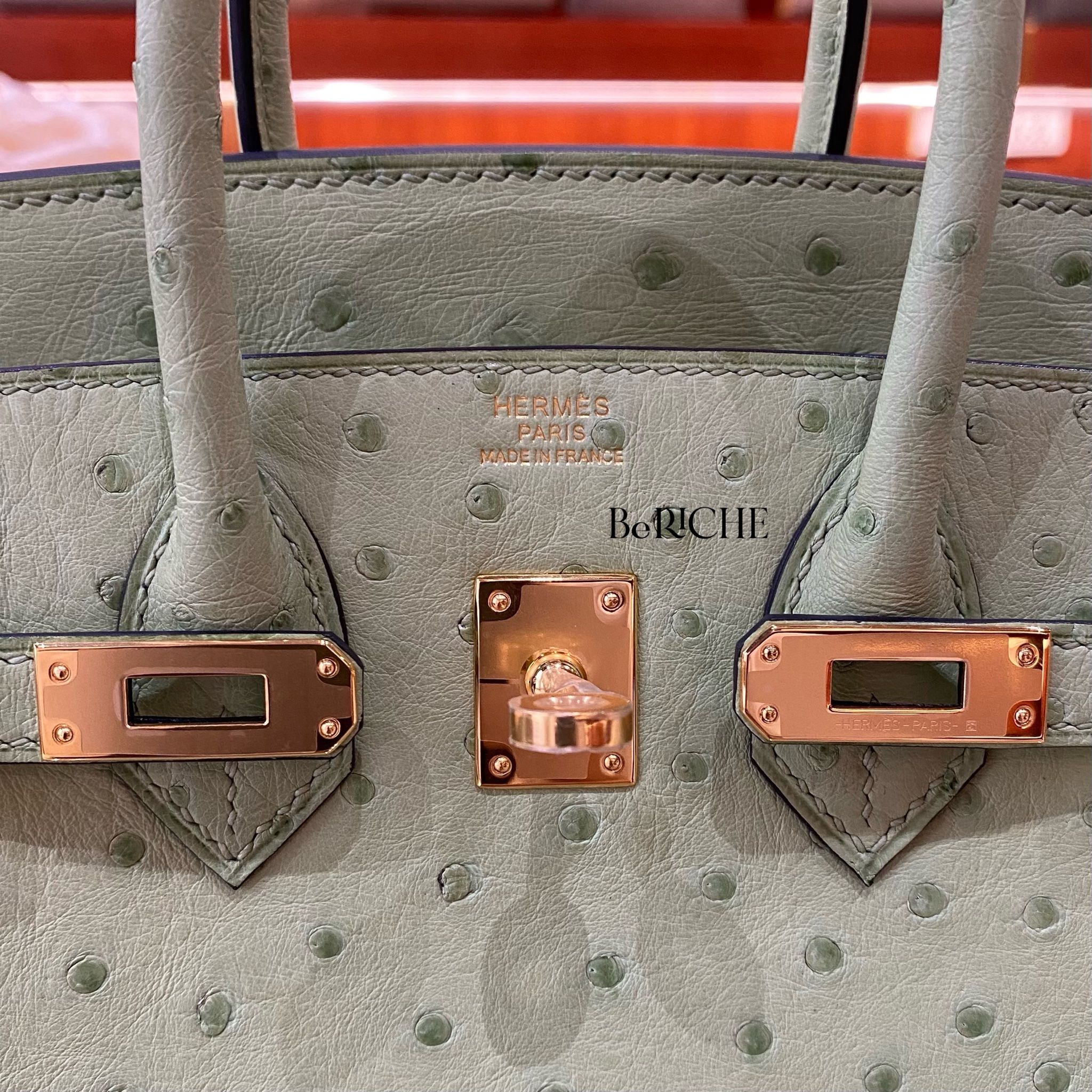 Birkin B25 Ostrich Vert Criquet GHW