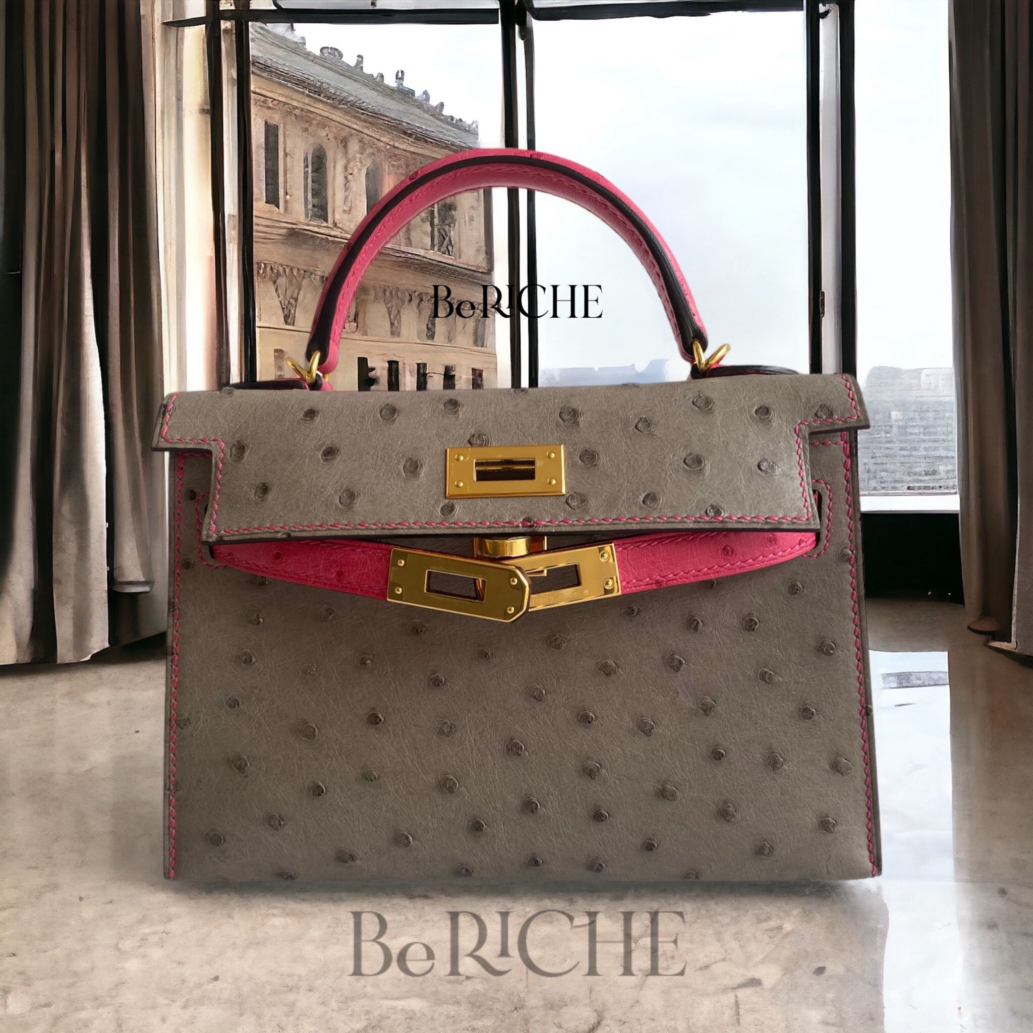 Kelly Mini Hss K20 Ostrich Bicolor (Gris Asphalt/Rose Tyrien)