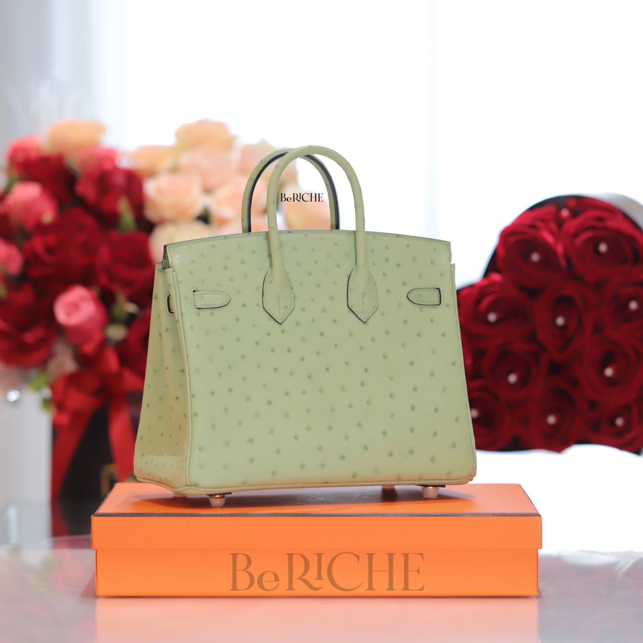 Birkin B25 Ostrich Vert Criquet GHW
