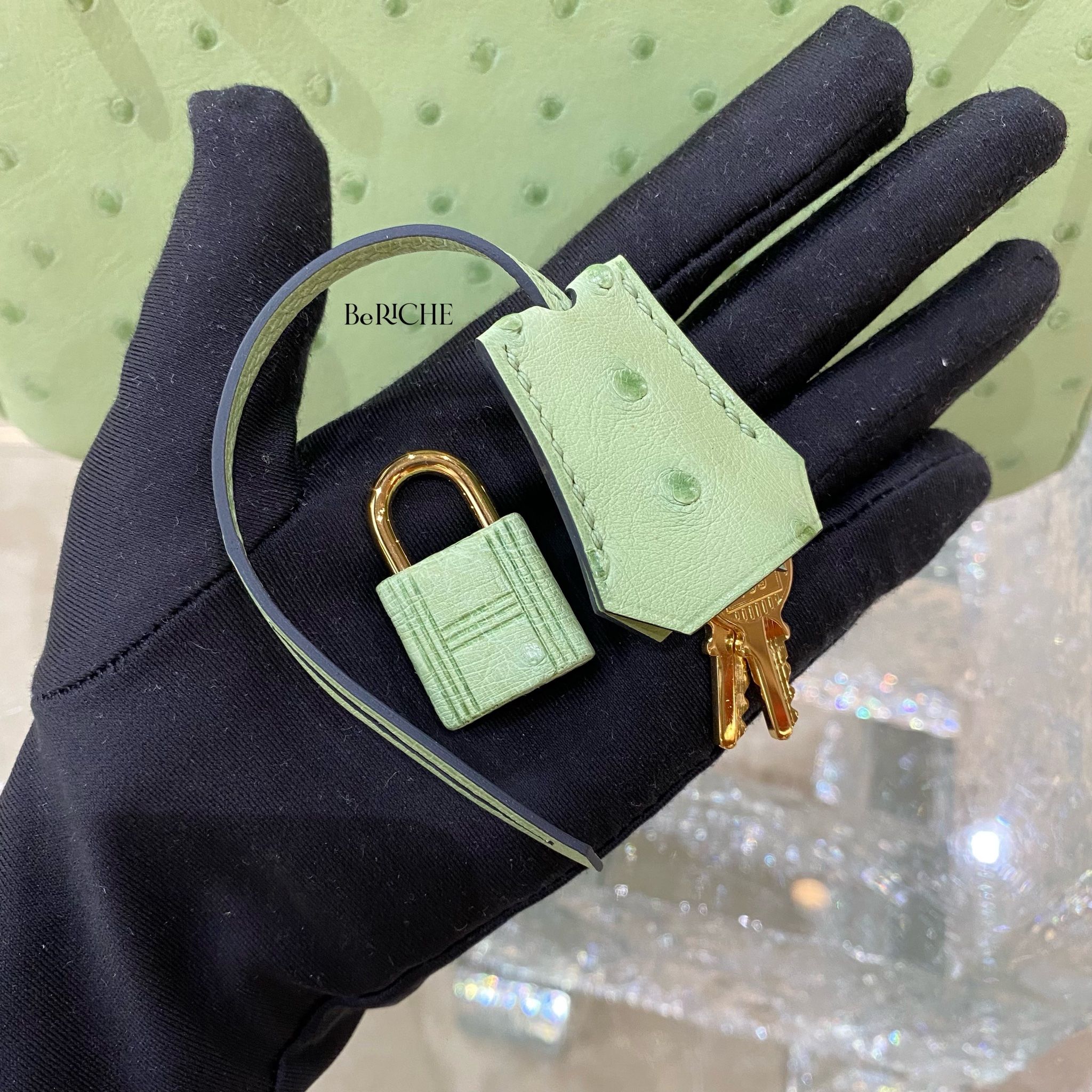Birkin B25 Ostrich Vert Criquet GHW
