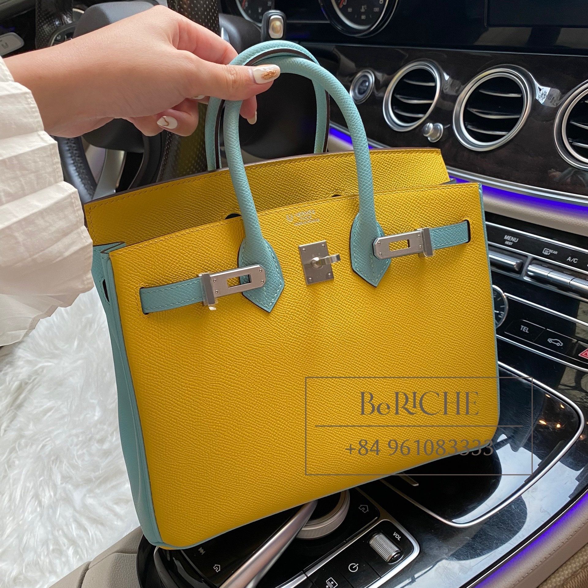 Birkin B25 Epsom Bicolor Jaune + Blue Atoll PHW