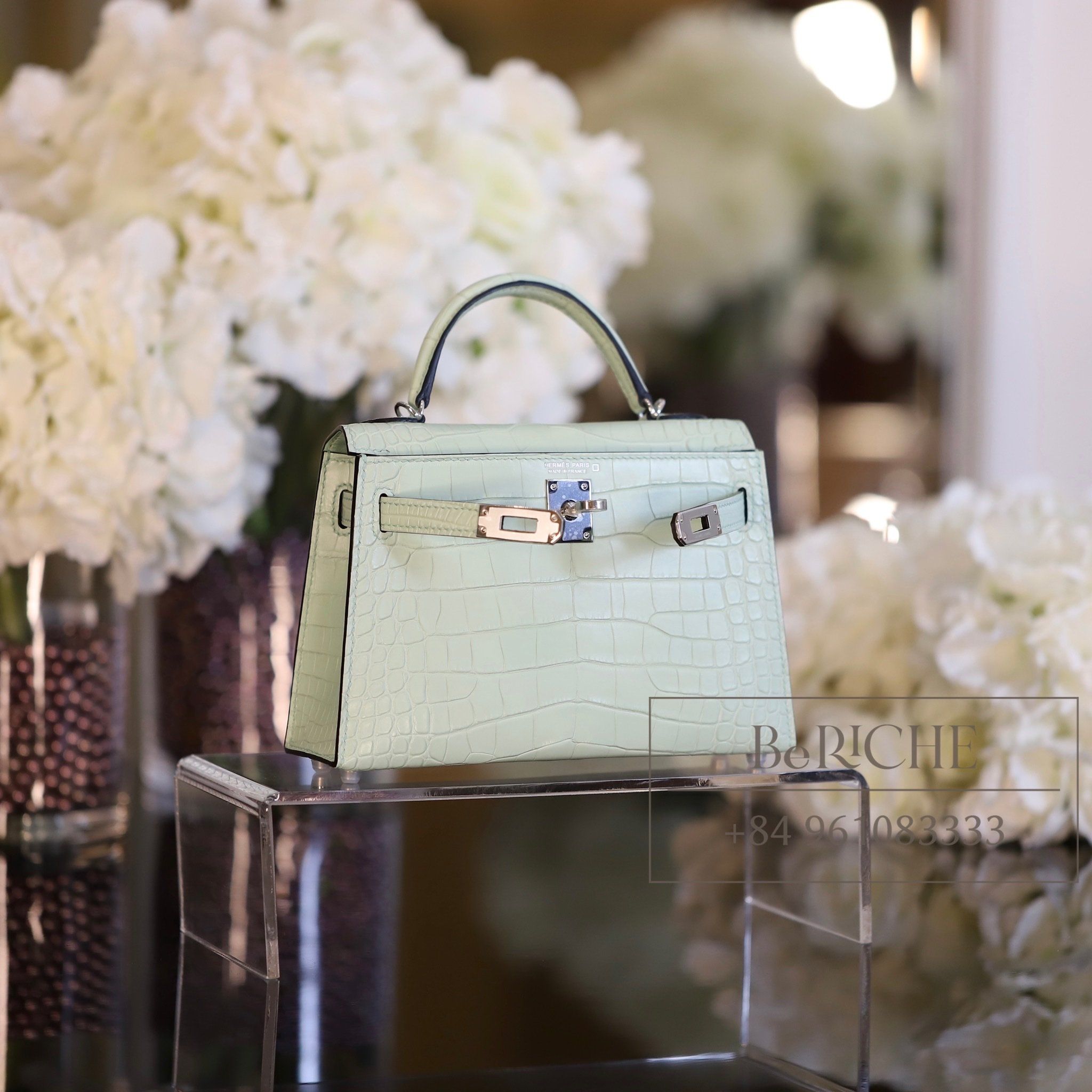 Kelly Mini K20 Matte Alligator Crocodile Vert d’eau
