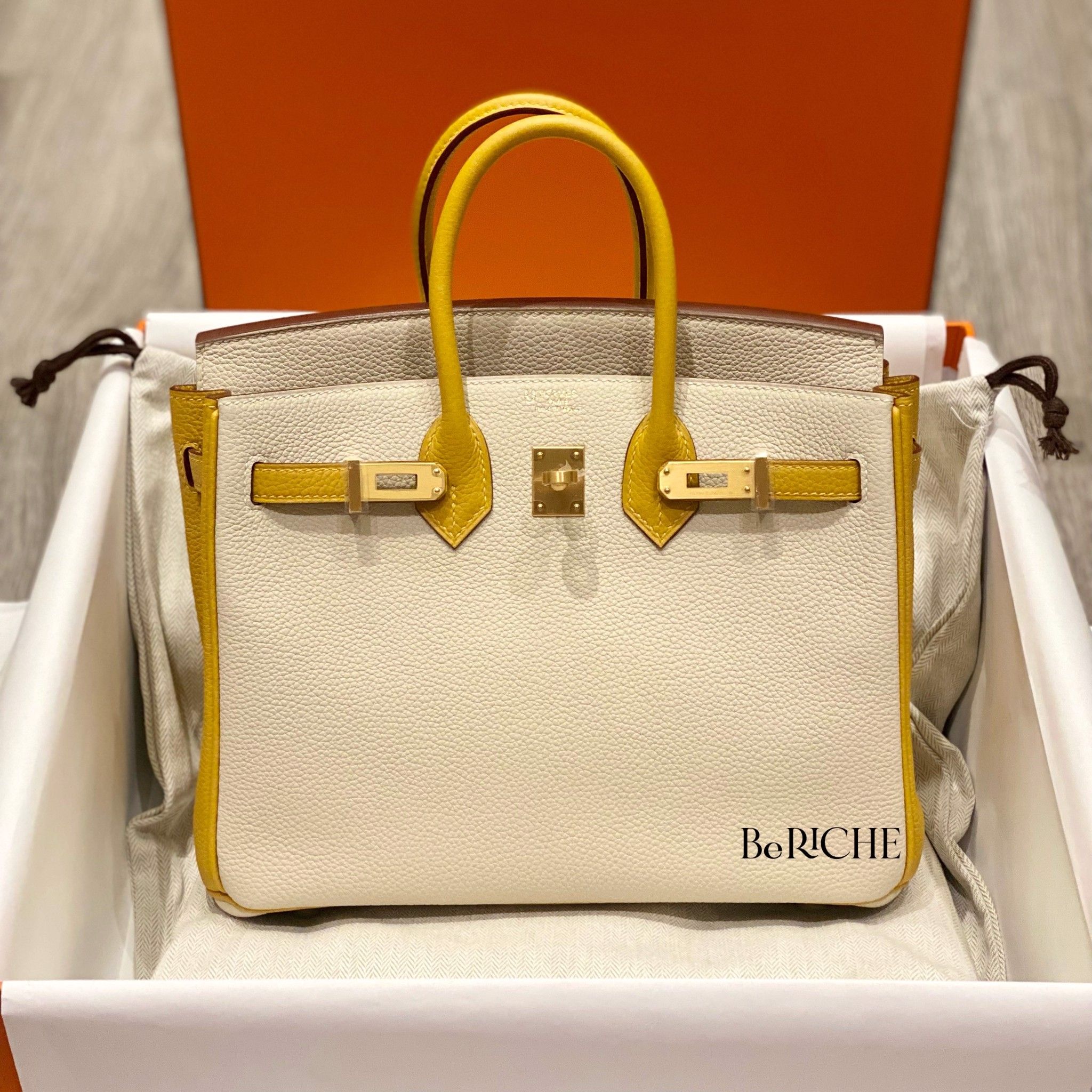 Birkin 25 B25 togo Bicolor hss Craie/JauneAmber Brushed GHW