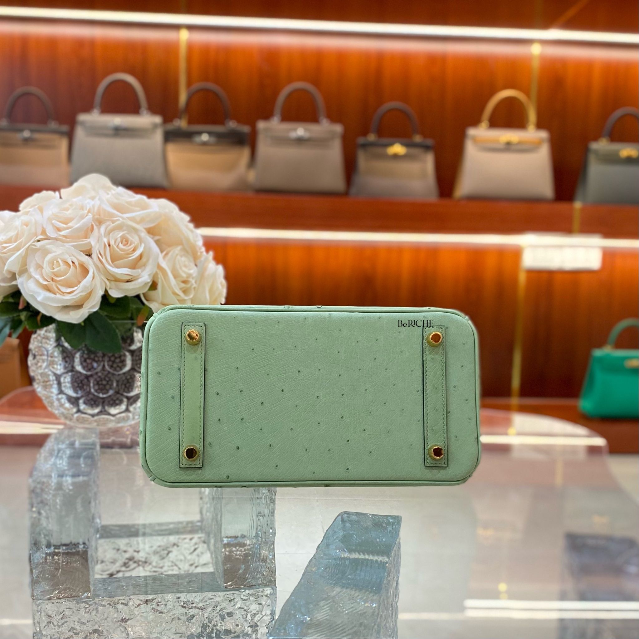 Birkin B25 Ostrich Vert Criquet GHW