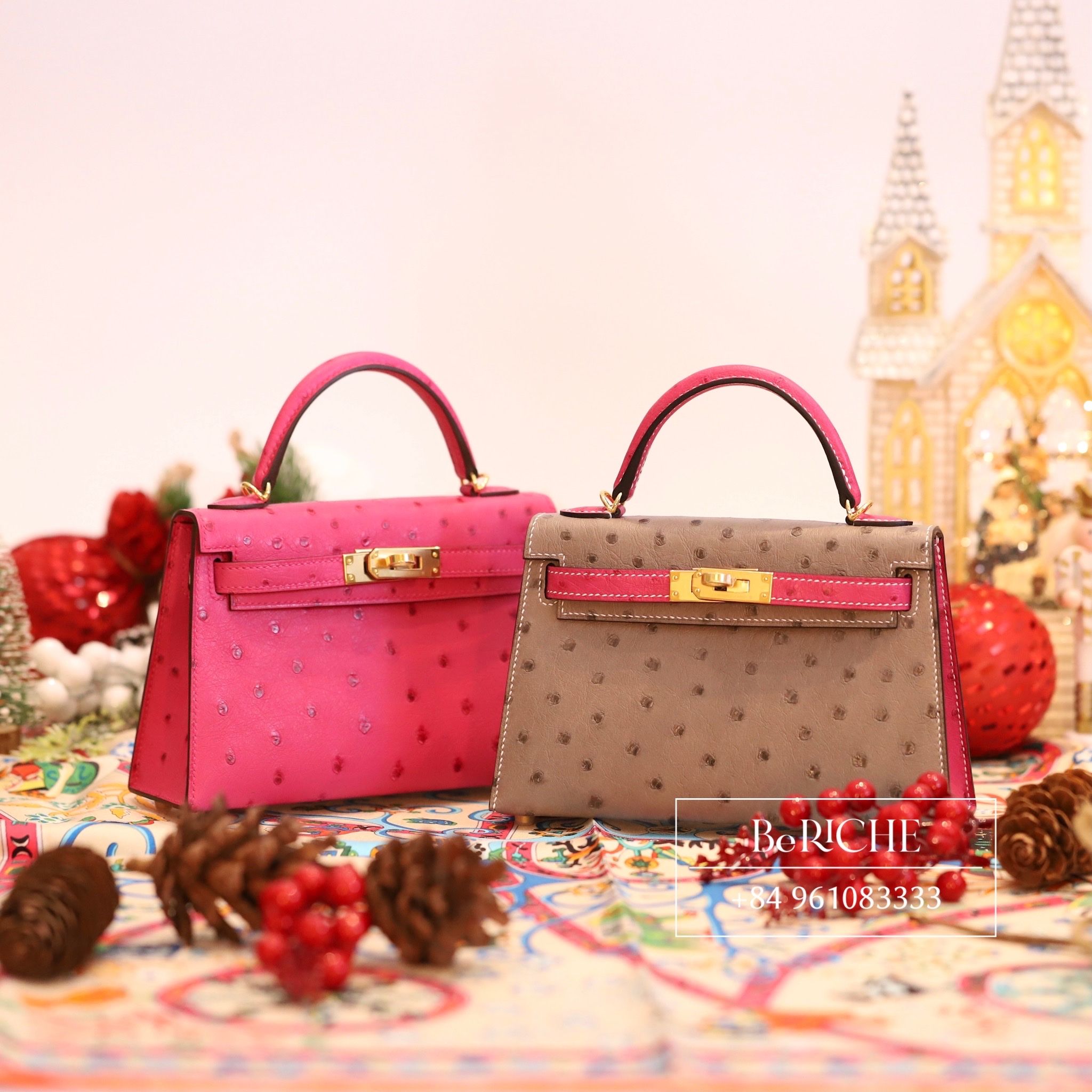 Kelly Mini K20 Ostrich Bicolor (Gris Asphalt/Rose Tyrien)