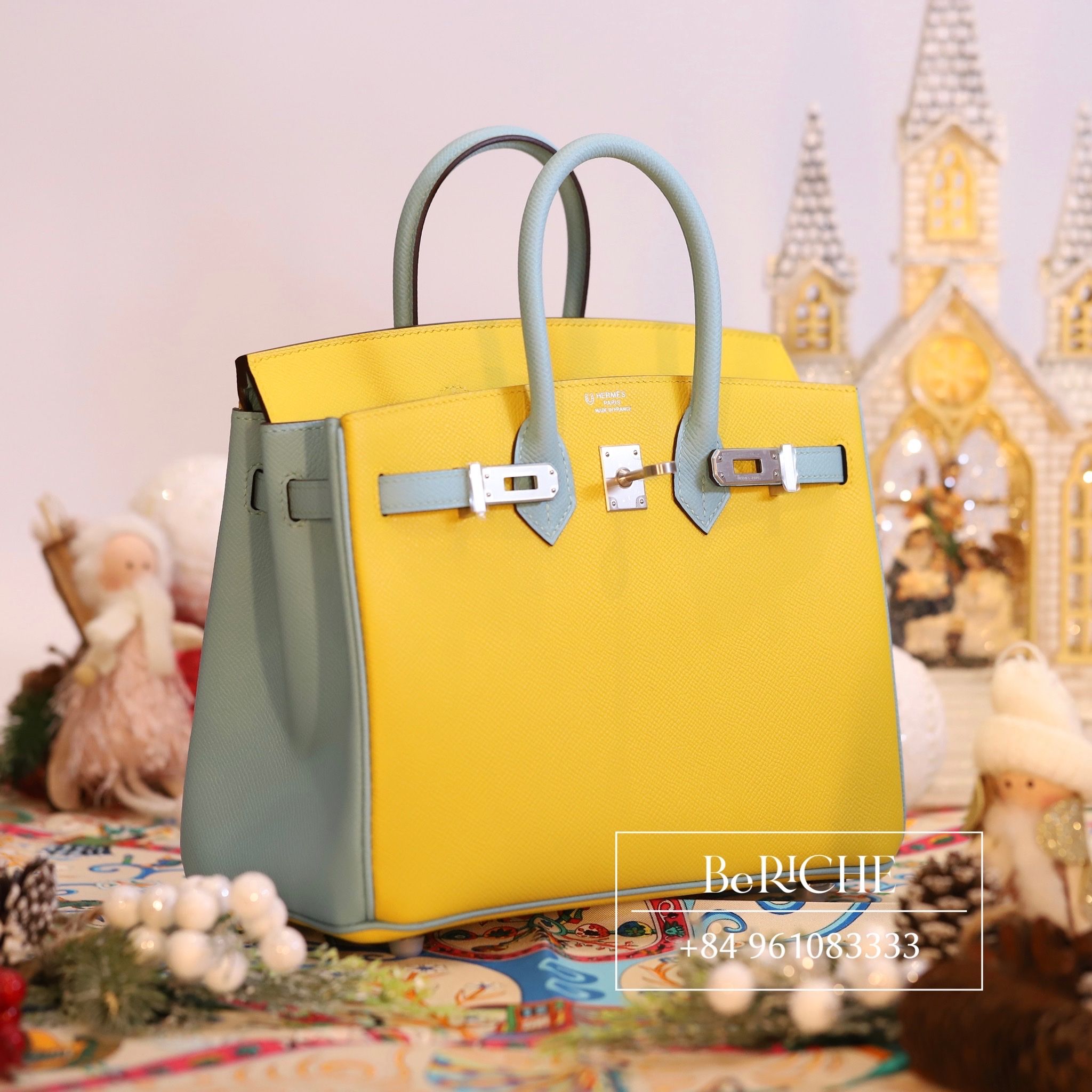 Birkin B25 Epsom Bicolor Jaune + Blue Atoll PHW