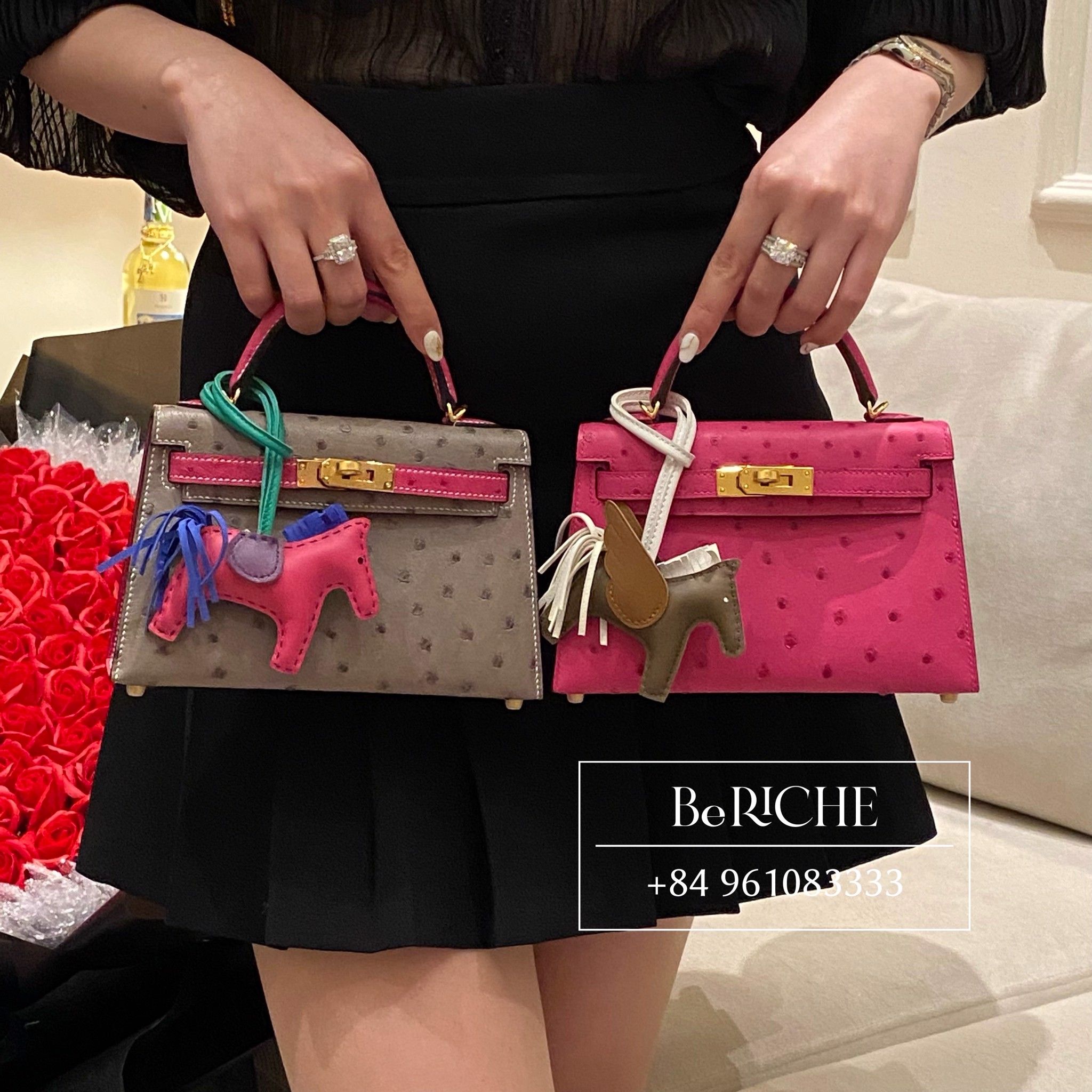 Kelly Mini K20 Ostrich Bicolor (Gris Asphalt/Rose Tyrien)
