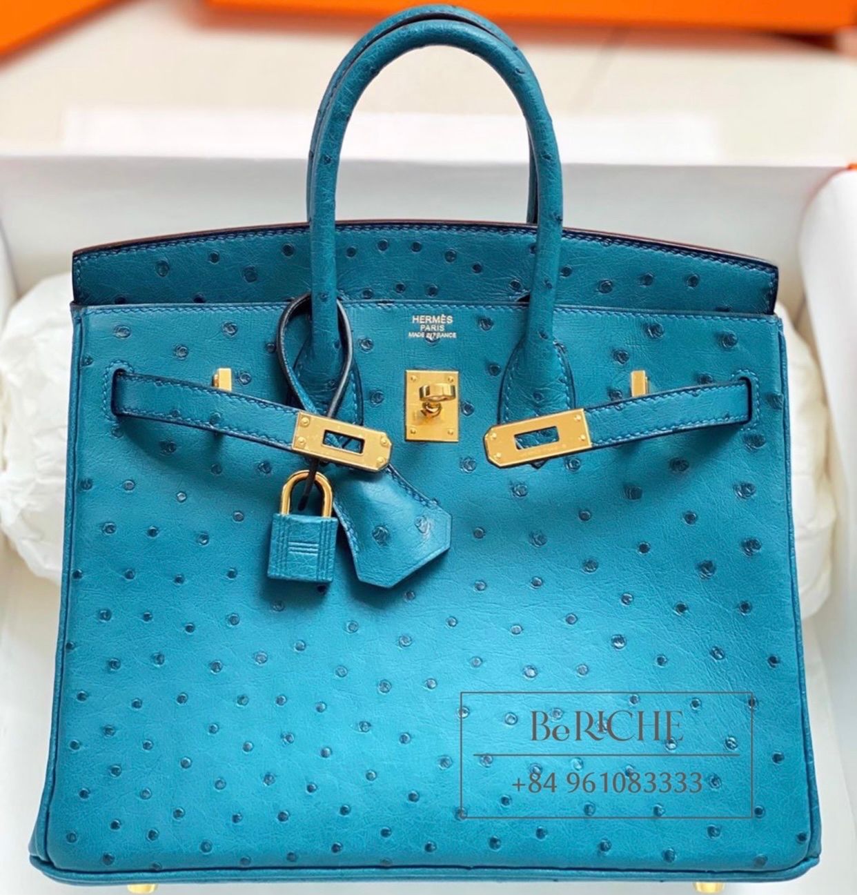 Birkin B25 Ostrich Blue GHW