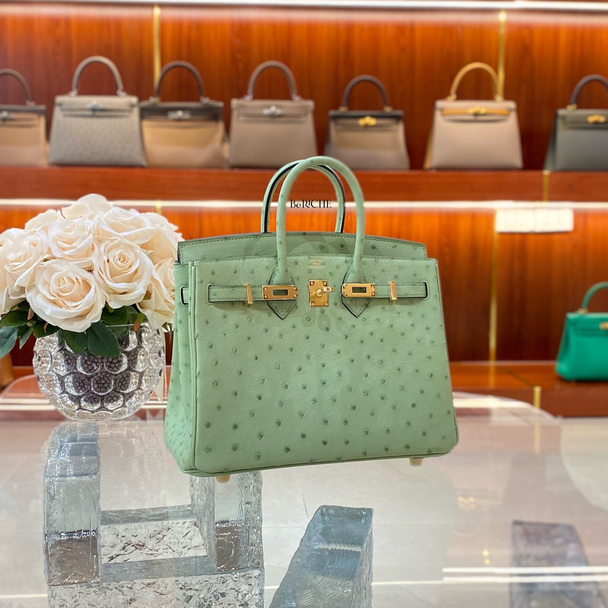 Birkin B25 Ostrich Vert Criquet GHW