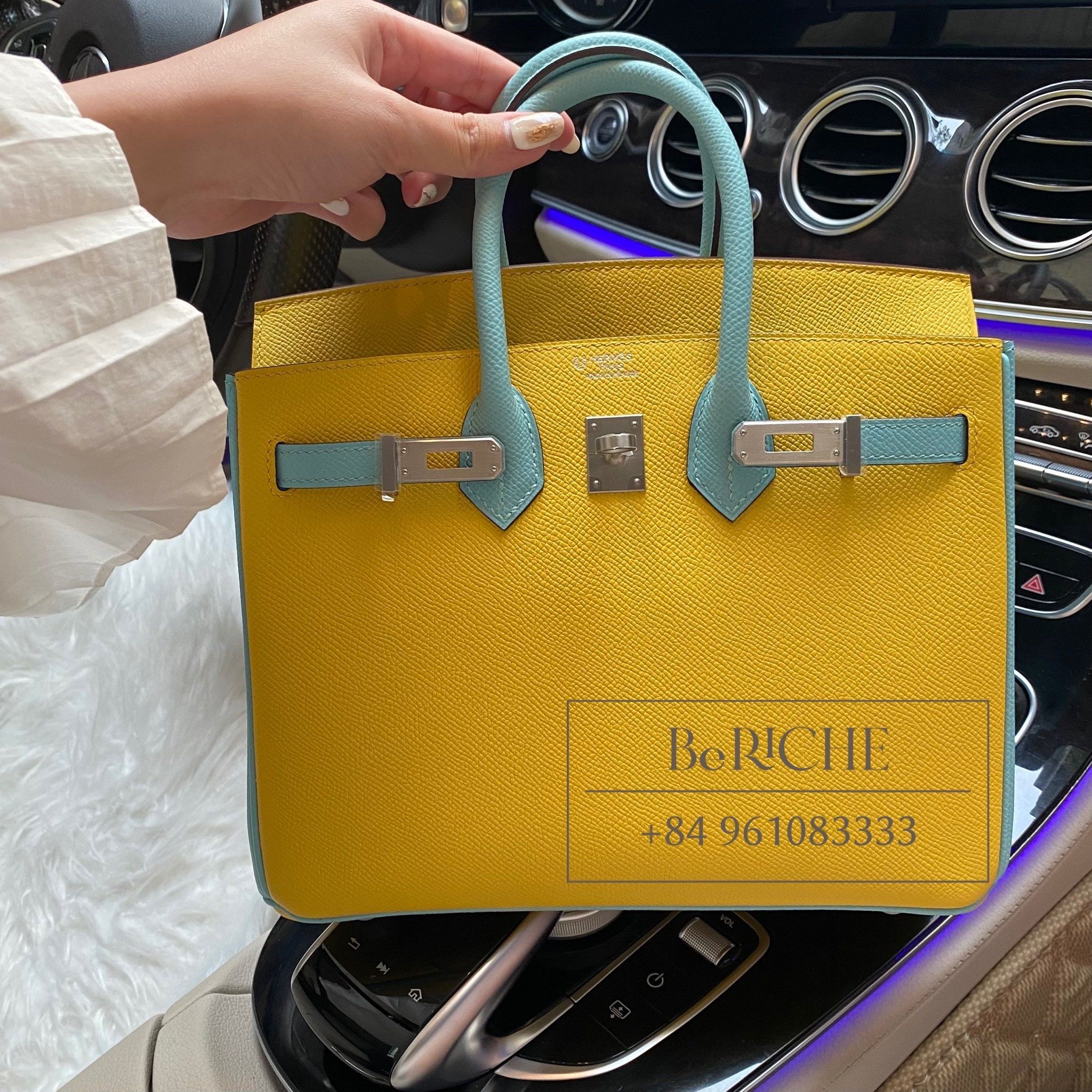 Birkin B25 Epsom Bicolor Jaune + Blue Atoll PHW