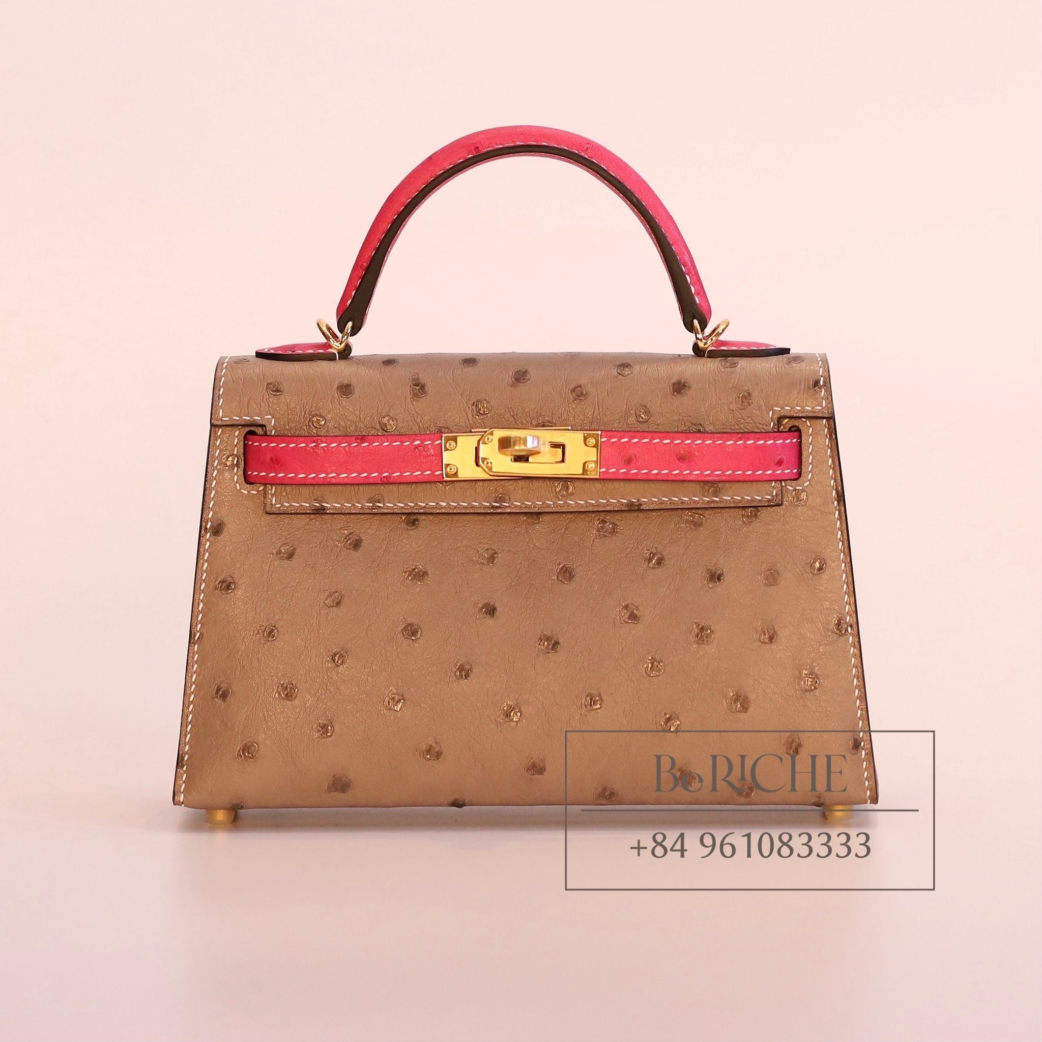 Kelly Mini K20 Ostrich Bicolor (Gris Asphalt/Rose Tyrien)