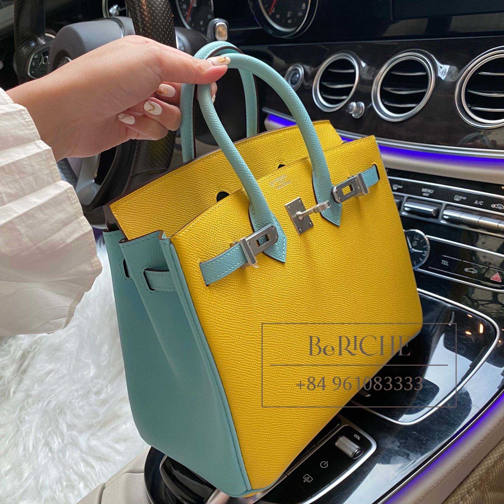 Birkin B25 Epsom Bicolor Jaune + Blue Atoll PHW