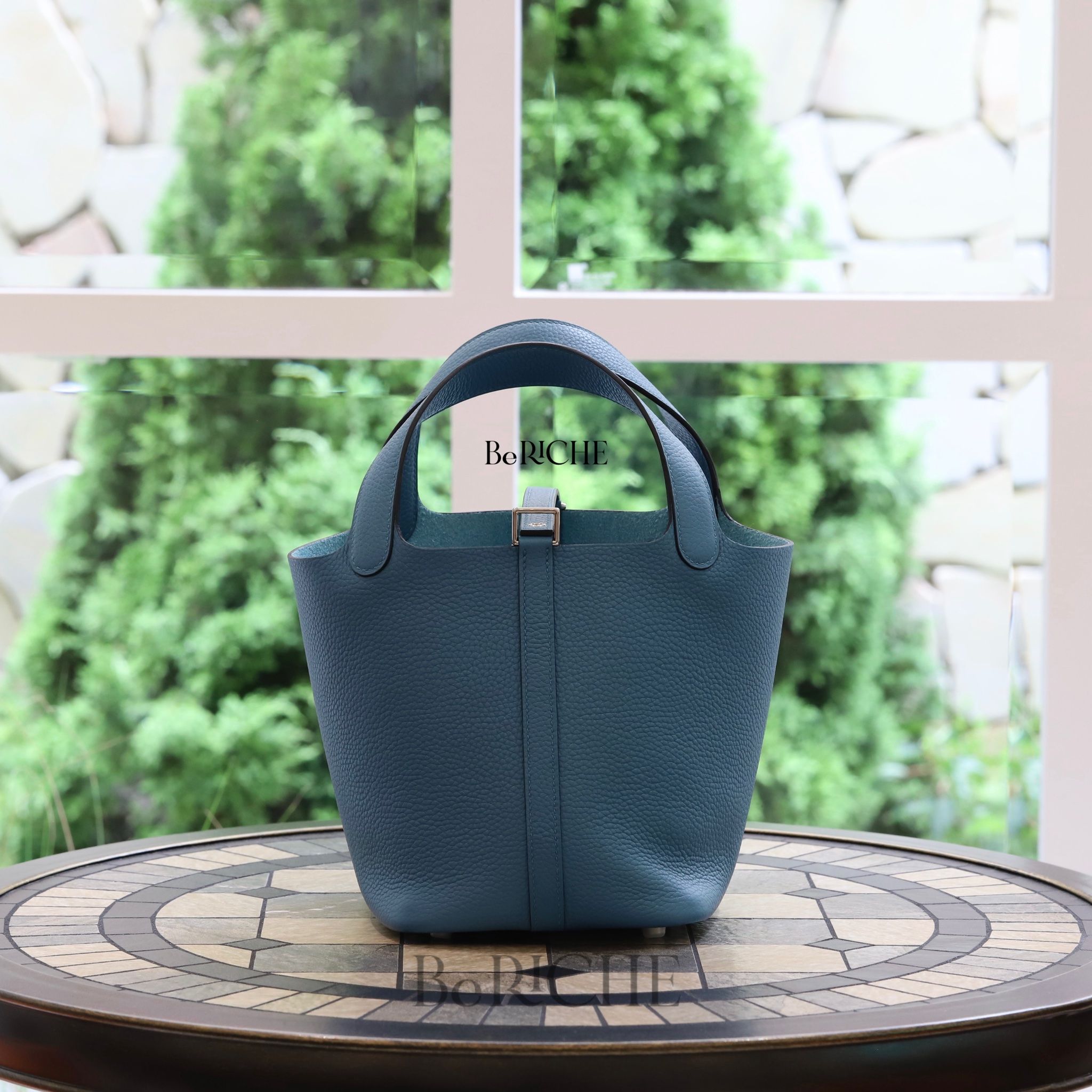 Picotin P18 Clemence Leather Blue Du Nord PHW