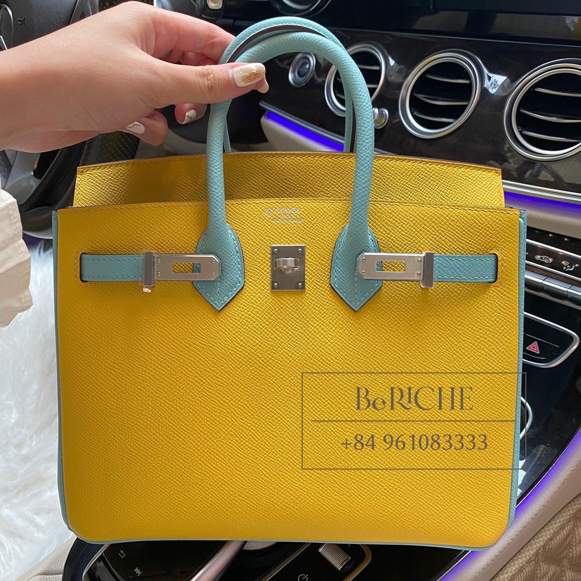 Birkin B25 Epsom Bicolor Jaune + Blue Atoll PHW