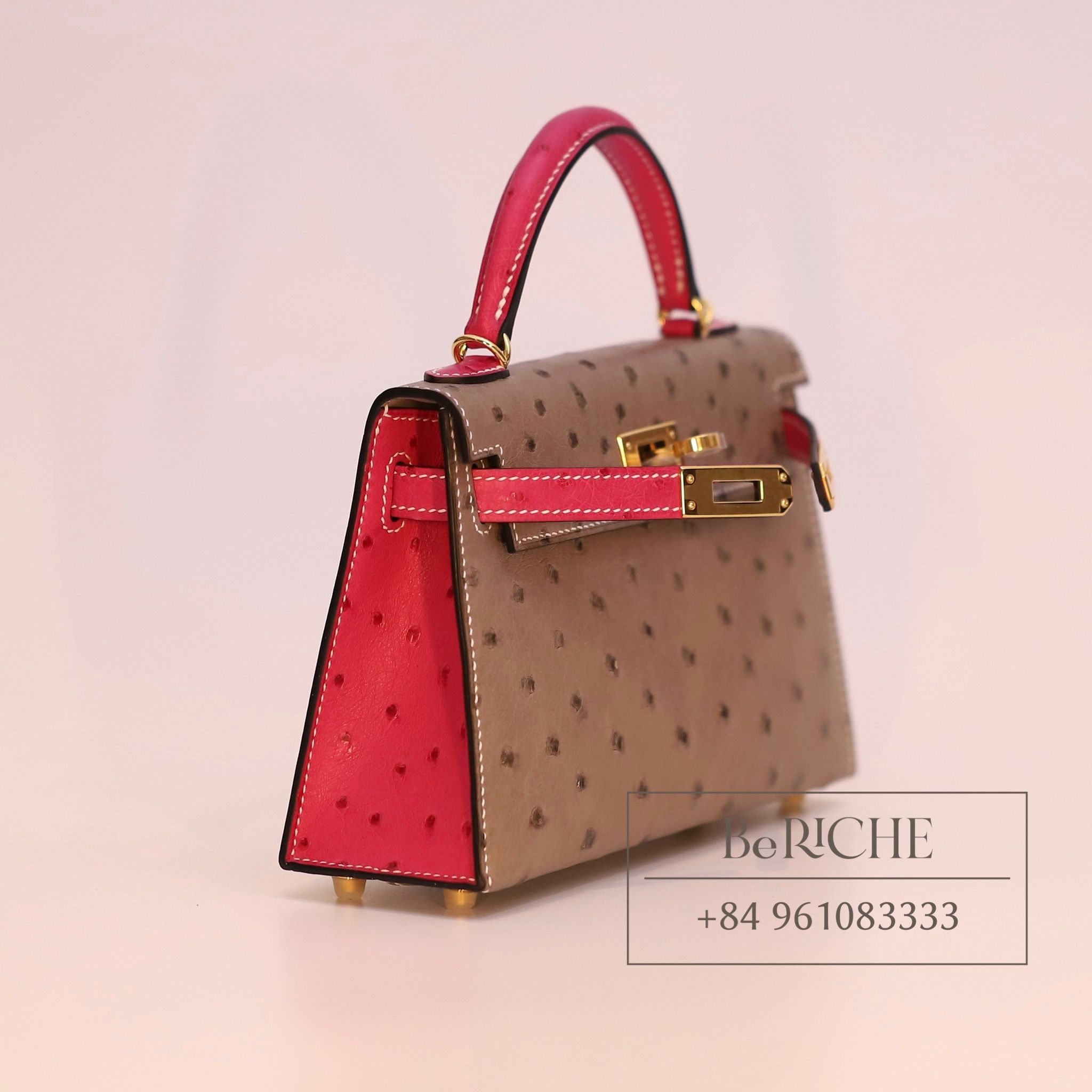 Kelly Mini K20 Ostrich Bicolor (Gris Asphalt/Rose Tyrien)
