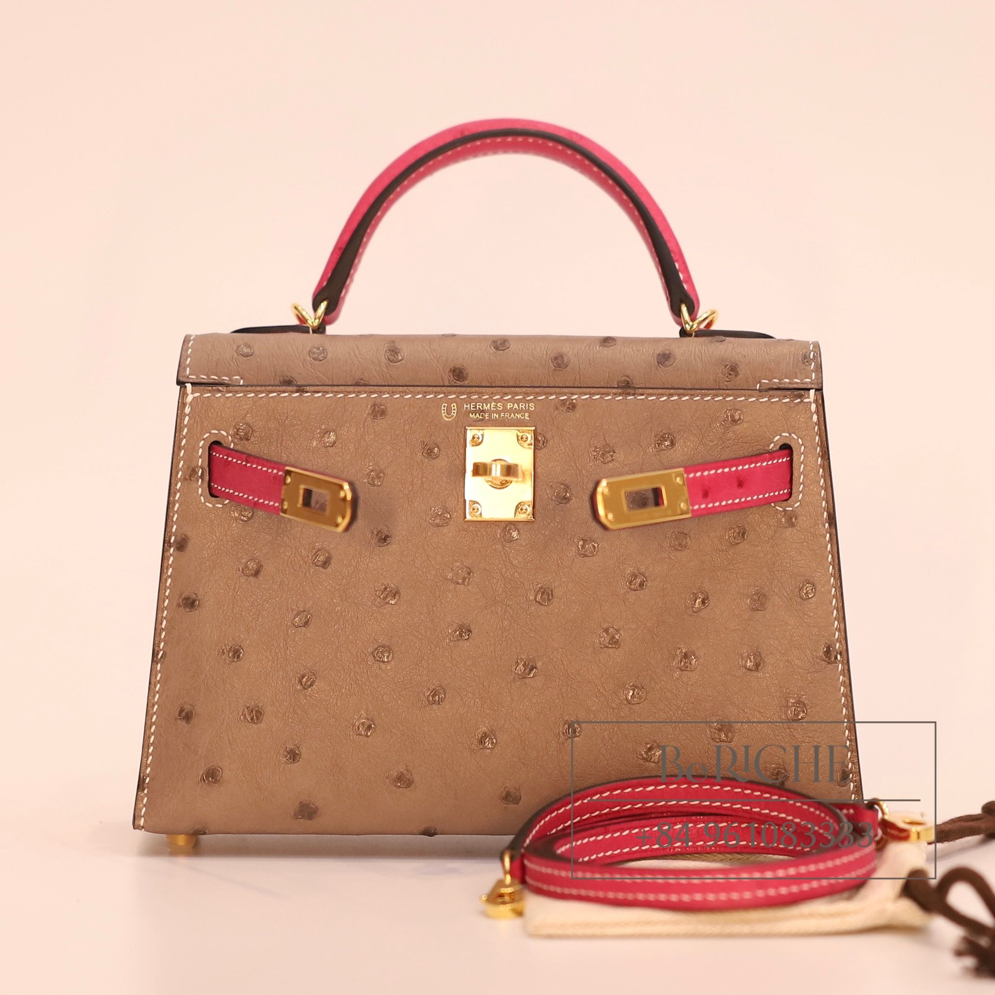 Kelly Mini K20 Ostrich Bicolor (Gris Asphalt/Rose Tyrien)