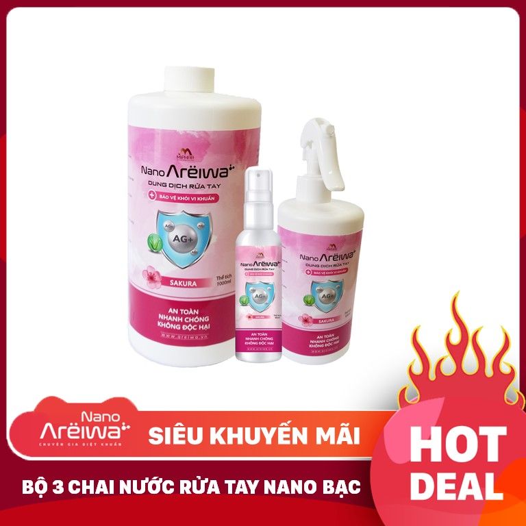 Bộ 3 Chai Nước Rửa Tay Nano Areiwa Hương Sakura - Nano Bạc Sạch Khuẩn , An Toàn, Không Hại Da Tay