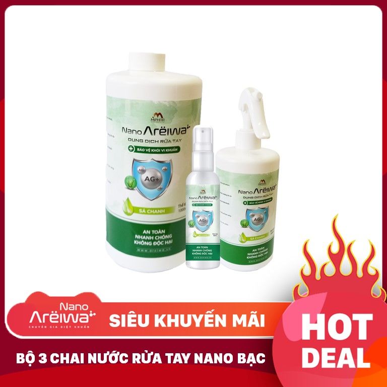 Bộ 3 Chai Nước Rửa Tay Nano Areiwa Hương Sả Chanh - Nano Bạc Sạch Khuẩn , An Toàn, Không Hại Da Tay