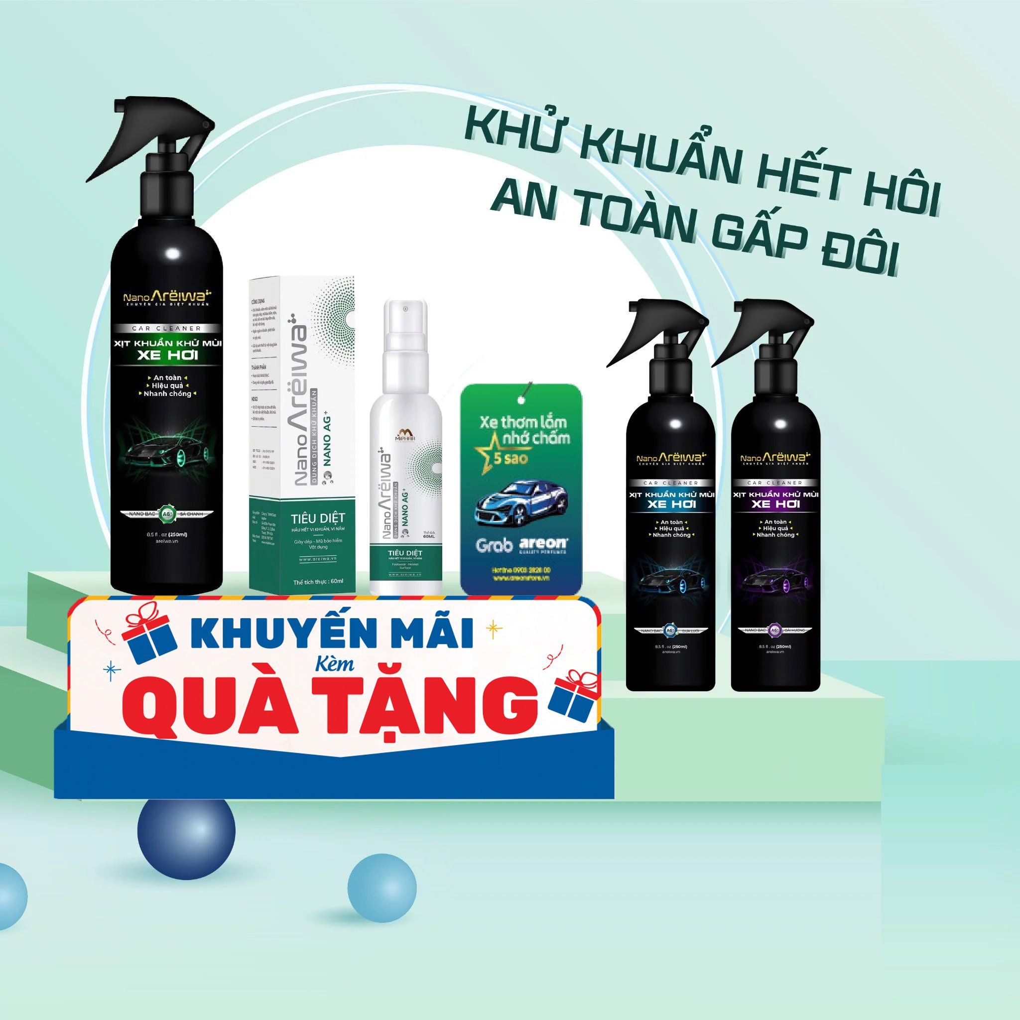Mua 2 chai Xịt khuẩn khử mùi Xe hơi Nano Areiwa tặng Bộ sát khuẩn Gif Car Cleaner trị giá 231.000 đồng