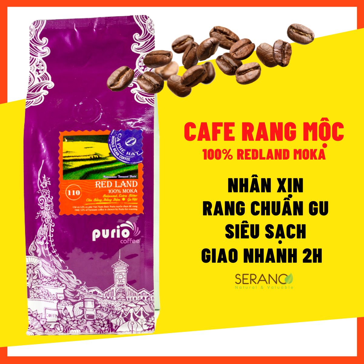 Cà phê Moka rang xay nguyên chất sạch Purio Red Land Moka đắng vừa 250g