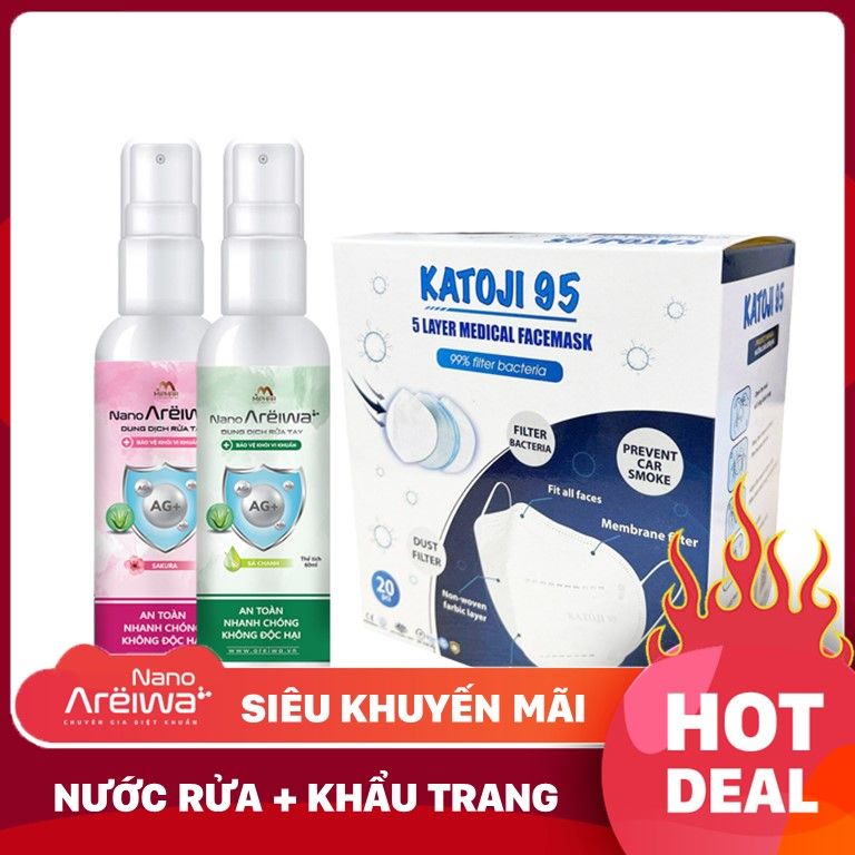 An toàn với khẩu trang Trang Y Tế 5 Lớp KATOJI 95 Cao cấp và Nước Rửa Tay Nano Bạc Areiwa chính hãng