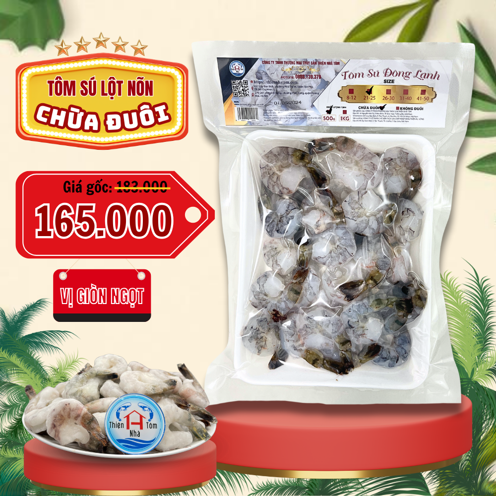 Tôm Sú Lột Nõn Chừa Đuôi (Giòn-Ngọt) Khay 500G