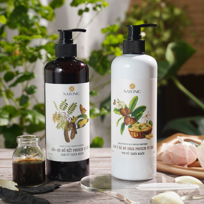 Dầu gội Tơ tằm Natonic - Ngăn rụng tóc, sạch gàu ngứa - Chai vòi nhấn tiết kiệm 500ml