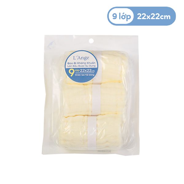 L'ANGE - KHĂN NHỎ VẢI BÔNG 9 LỚP 22X22cm - VÀNG ( SET 3 CÁI )