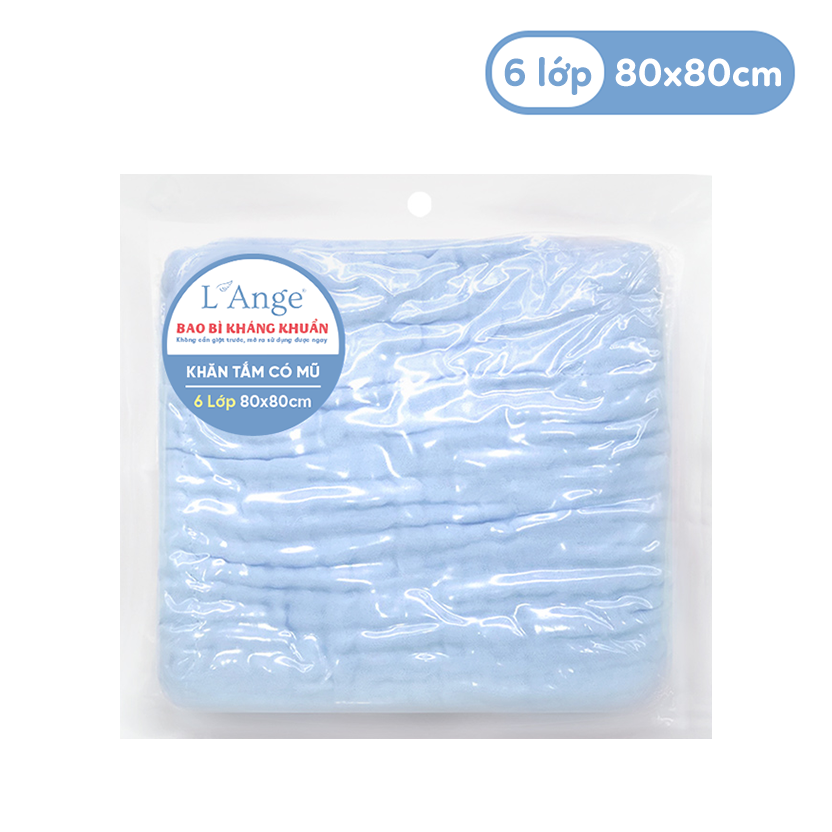L'ANGE KHĂN TẮM VẢI BÔNG CÓ NÓN 6 LỚP XANH 80X80