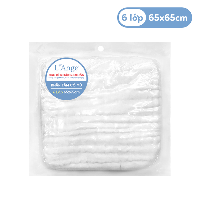 L'ANGE KHĂN TẮM VẢI BÔNG CÓ NÓN 6 LỚP TRẮNG 65X65
