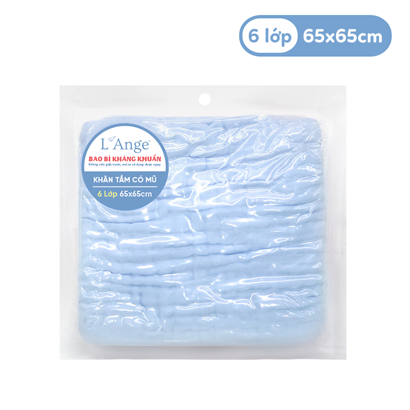 L'ANGE KHĂN TẮM VẢI BÔNG CÓ NÓN 6 LỚP XANH 65X65