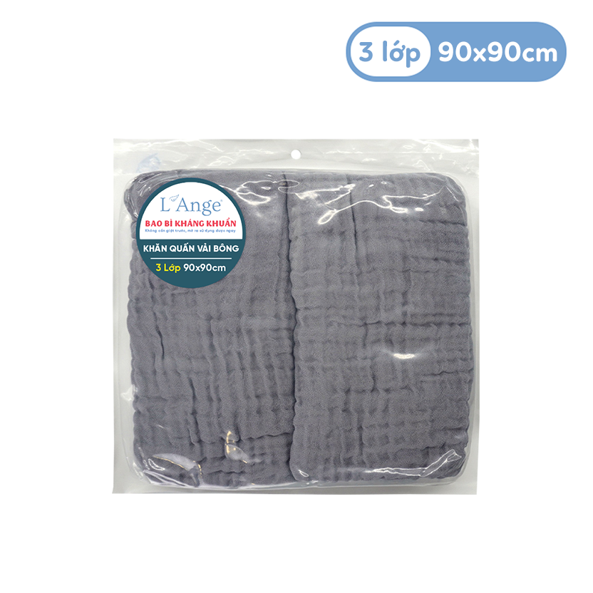 L'ANGE KHĂN QUẤN VẢI BÔNG 3 LỚP 90X90 - XÁM (SET 2 CÁI)
