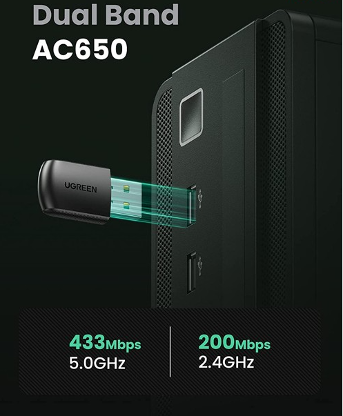 USB thu Wifi băng tần kép AC 2.4G/5G tốc độ 650Mbps Ugreen 20204 cao cấp