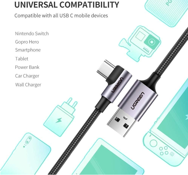 Cáp sạc, dữ liệu USB-A to USB Type-C bẻ góc 90 độ dài 1M Ugreen 50941 cao cấp