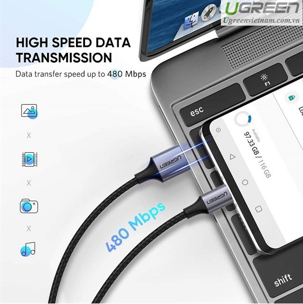 Cáp sạc nhanh USB Type C dài 25cm Ugreen 60124 chính hãng
