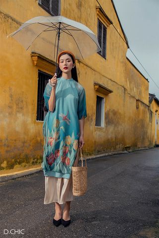 Áo Dài Tay Lửng Hoa Lá Họa Tiết D.CHIC