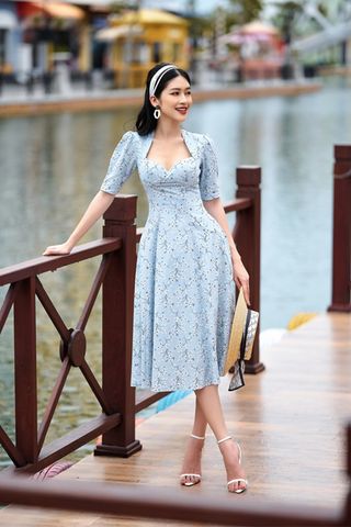 Đầm Midi Tay Lửng Cổ Vuông SÒ VINTAGE