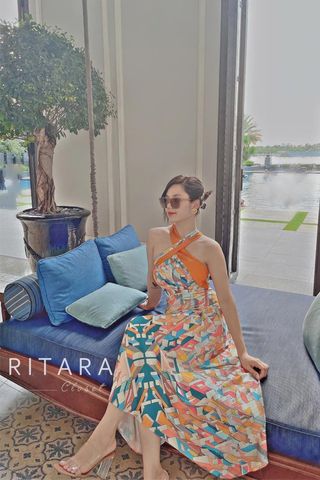 Đầm Midi Cổ Đan Chéo Họa Tiết RITARA CLOSET