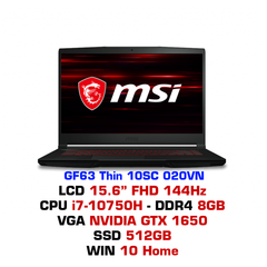 Laptop MSI Gaming GF63 Thin 10SC i7 10750H/8GB/512GB/4GB GTX1650 Max-Q/144Hz/Balo/Chuột/Win10 (480VN)