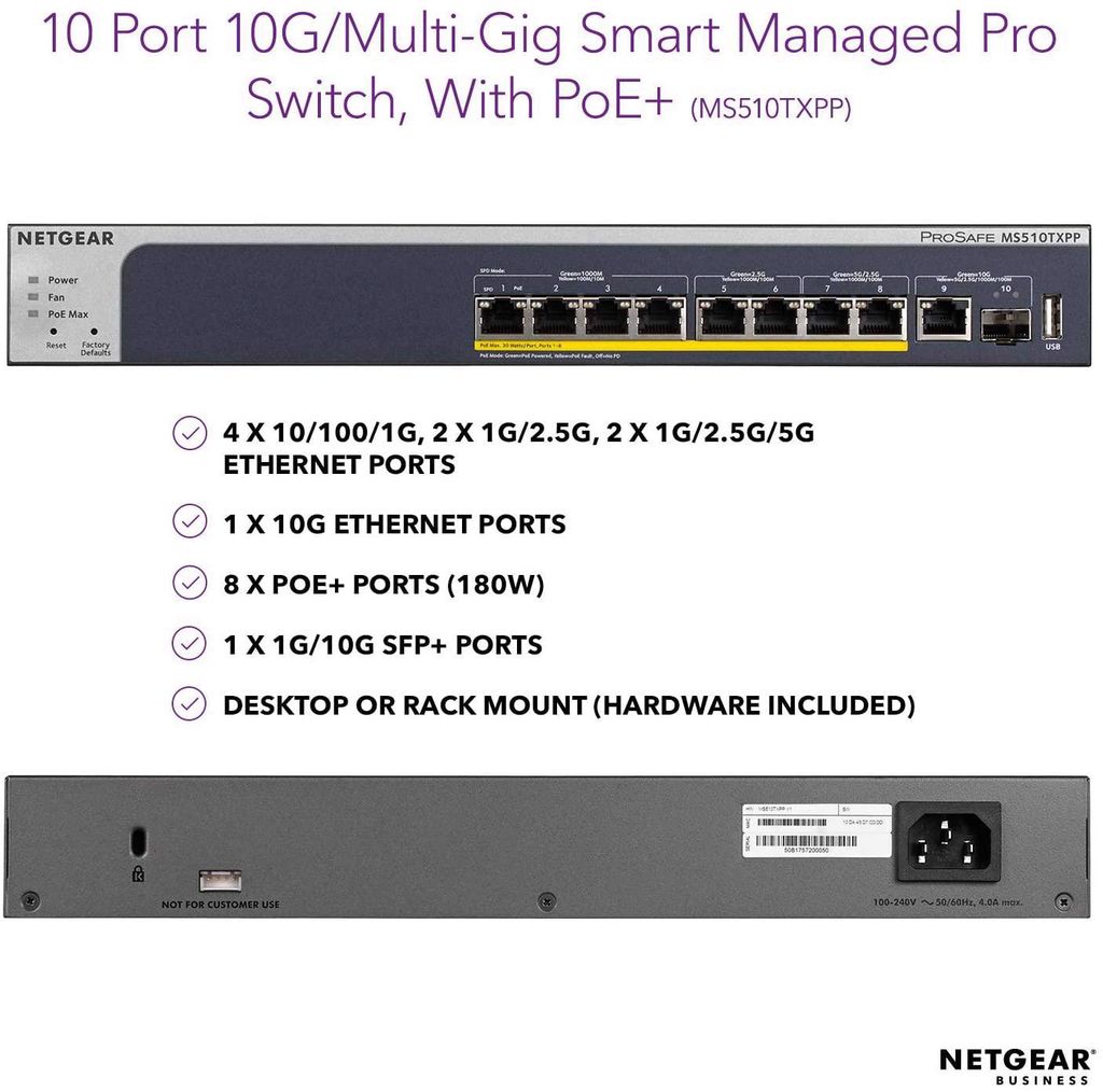 Thiết bị chuyển mạch Switch NETGEAR MS510TXPP Multi-Gigabit Ethernet Smart Managed Pro Switches with PoE+