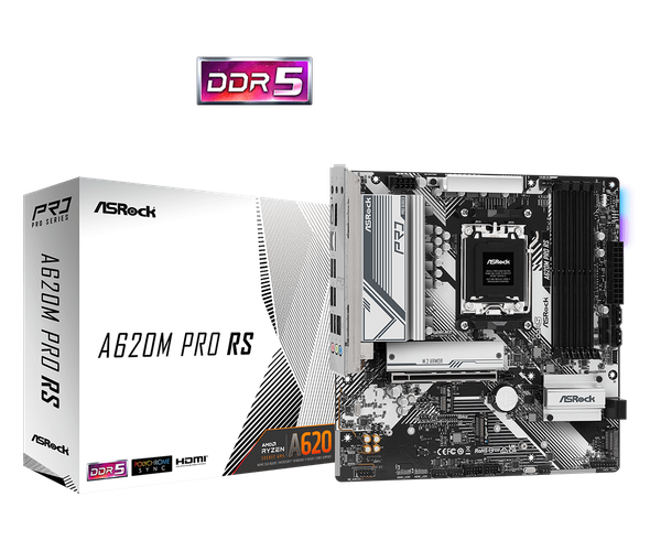 ASROCK Pro Series A620M PRO RS WIFI DDR5 AM5 Ryzen 7000 Micro ATX SATA3 6.0 Gb/s 1 x PCIe 4.0 x16 Slot (PCIE1) 7.1 CH HD Audio LAN 802.11ax Wi-Fi 6E + Bluetooth