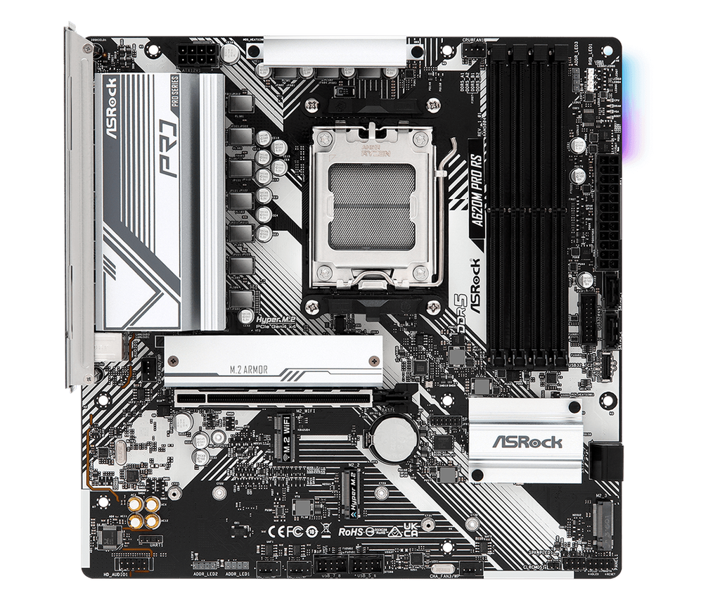 ASROCK Pro Series A620M PRO RS WIFI DDR5 AM5 Ryzen 7000 Micro ATX SATA3 6.0 Gb/s 1 x PCIe 4.0 x16 Slot (PCIE1) 7.1 CH HD Audio LAN 802.11ax Wi-Fi 6E + Bluetooth