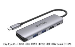 CÁP CHUYỂN TYPE-C RA 2 USB 3.0 + HDMI + TF/SD + PD 100W UNITEK H1107D
