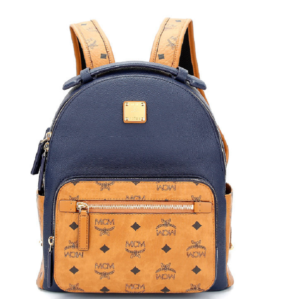  Balo MCM Stark Backpack in Visetos Leather Block 'Cognac Blue' 